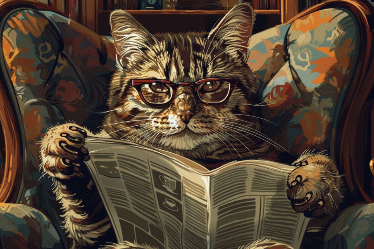 Mačak sedi u fotelji i čita novine, Poljoseme blog
